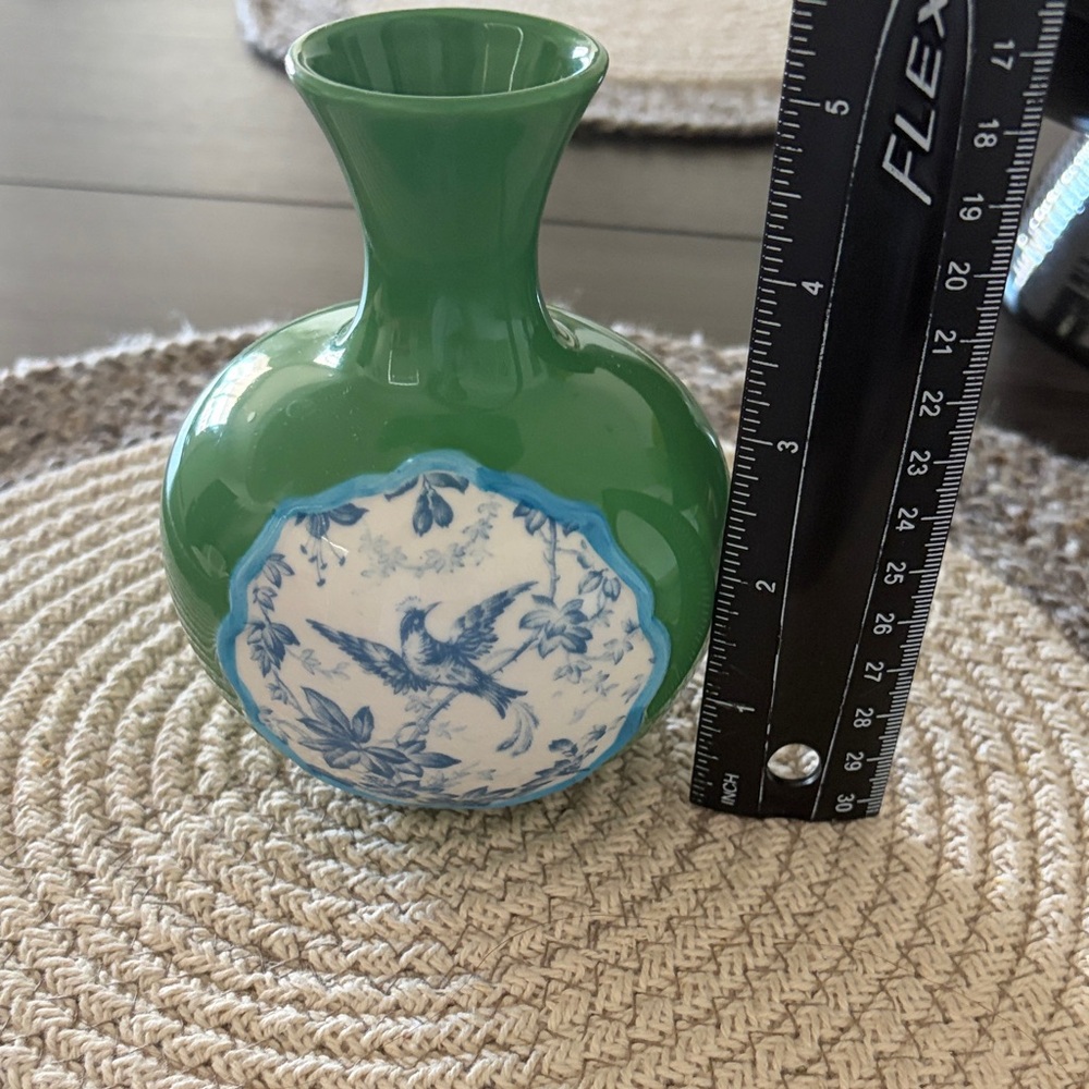 Green Ceramic Accent Vase with Blue Floral Bird Medallion - Picture 6 of 7